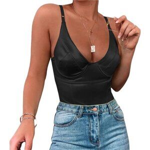 Women's Shiny Deep V-Neck Thong Bodysuit – Tank Top with Underwire